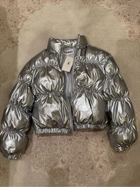 Steve Madden Metallic Silver Cropped Puffer Jacket
